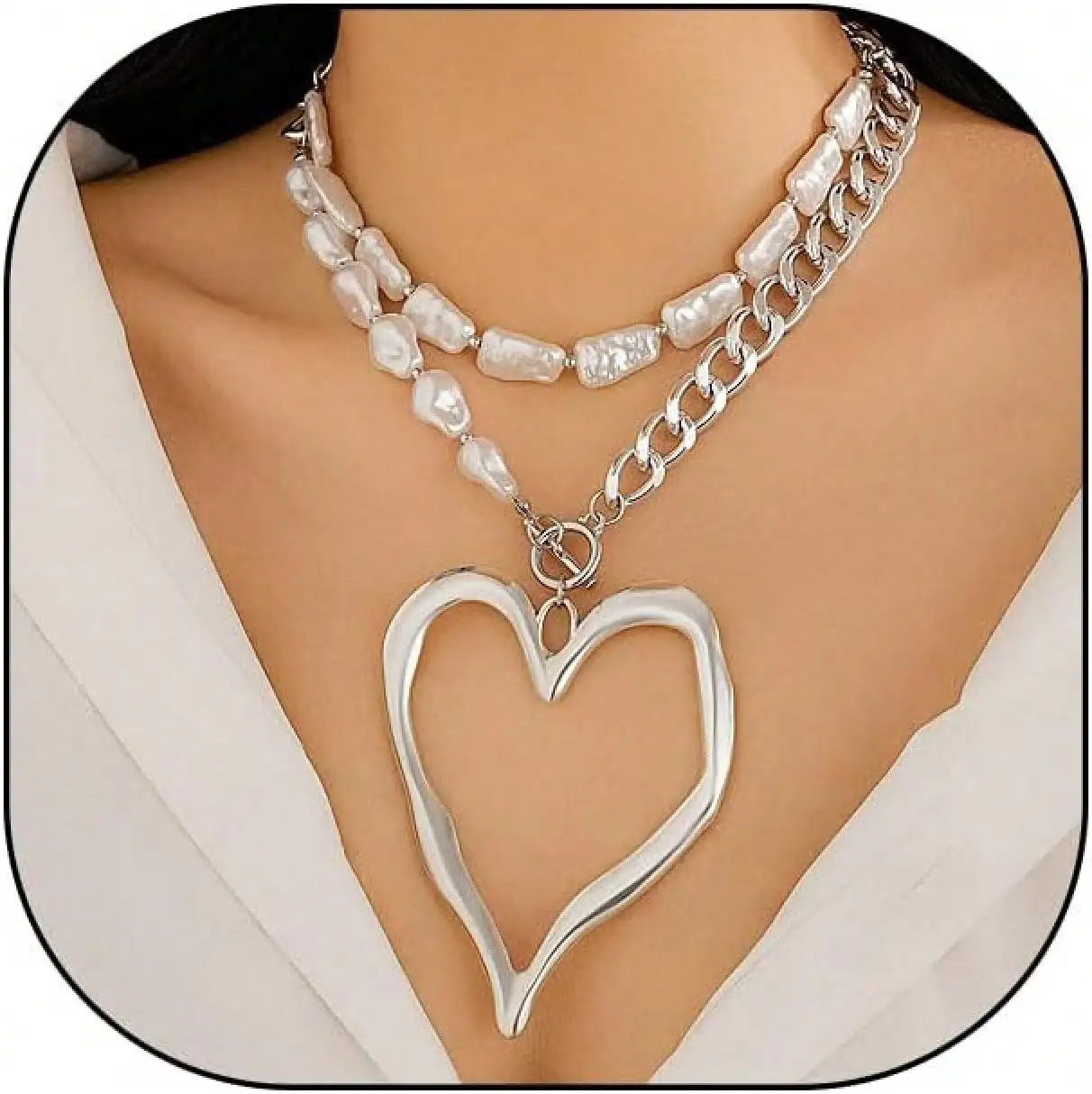 

Chunky Layered Heart Pendant Necklace with Baroque Pearls and Chain