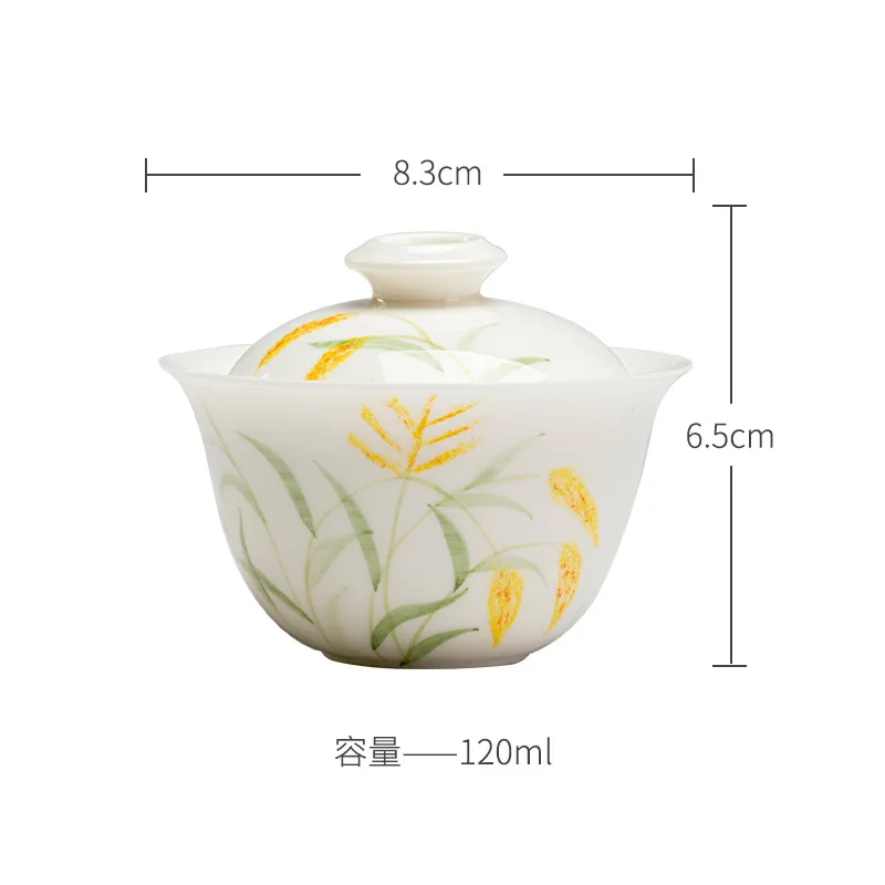 Clay White Hand-painted Wheat Ear Kung Fu Set Jade Porcelain Gaiwan for Home Use Small Tea Bowl
