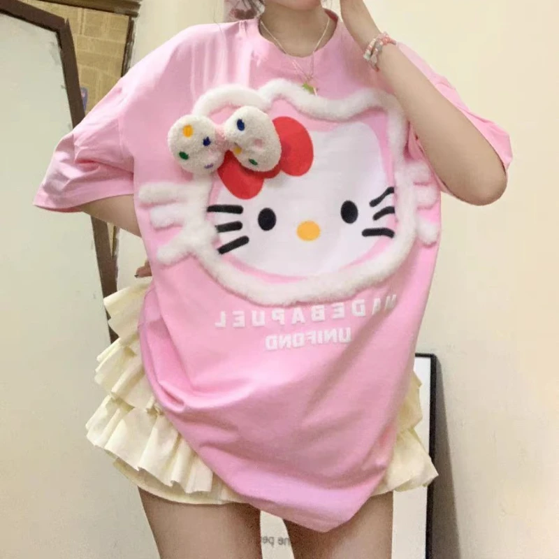 جديد الكرتون HelloKitty بسيط فضفاض لطيف جولة الرقبة الاتجاه عارضة الصيف القطن قصير الأكمام تي شيرت المألوف Y2K TopT-shirt