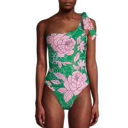 Bikini da donna verde moda spalla fiore stampa un pezzo stilista nuovo costume da bagno da campeggio vacanza al mare