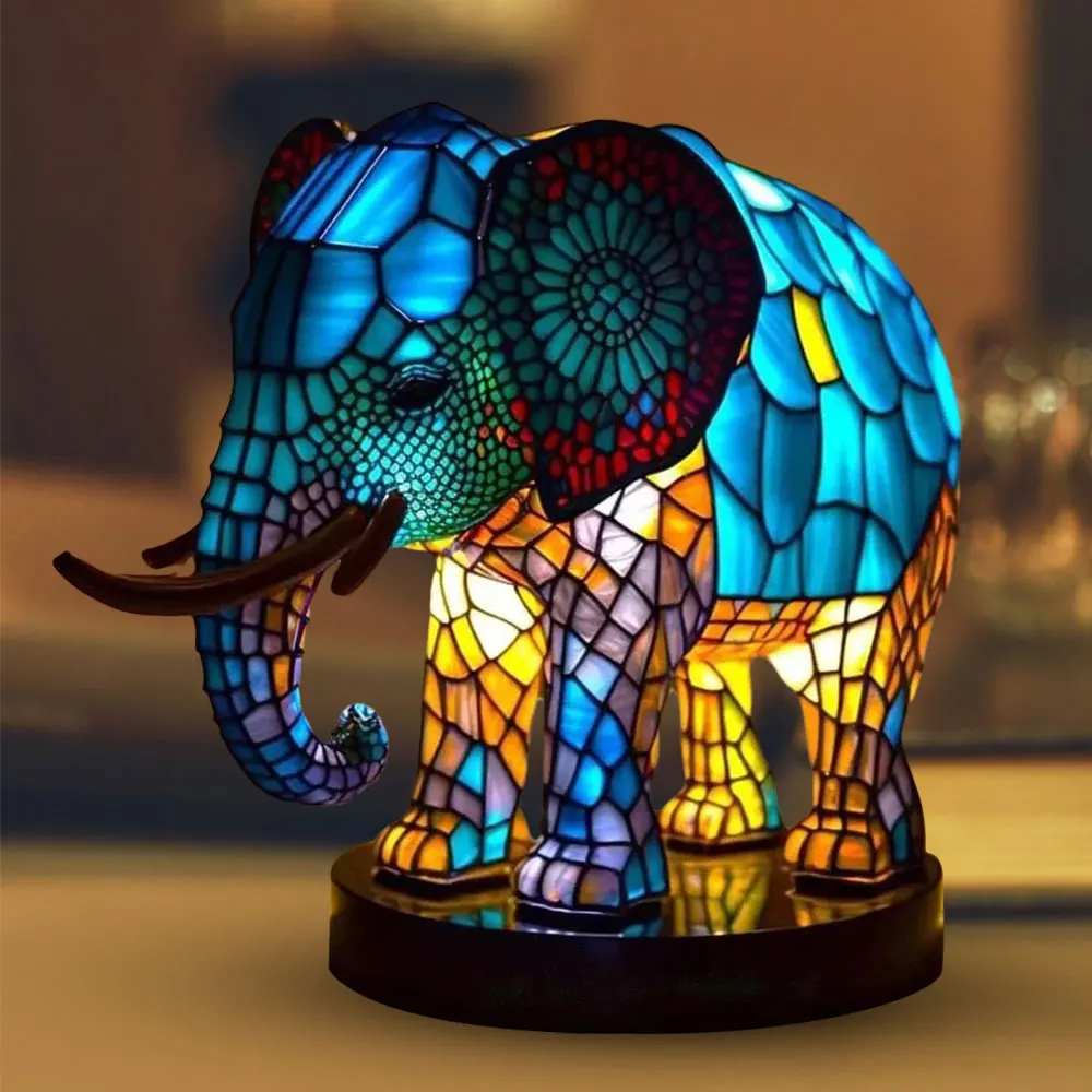 

Stained Glass Lamp Animal Table Lamp Series Lion Dolphin Wolf Stained Glass Bedside Light Owl Horse Rooster Elephant for Home