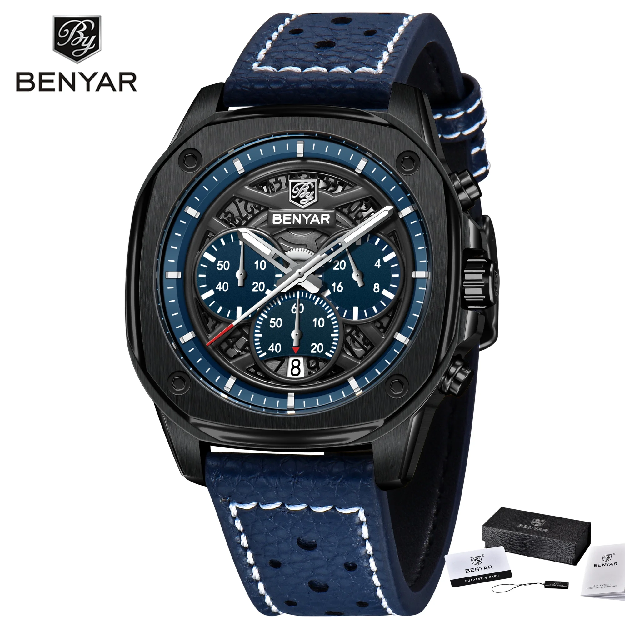 BENYAR 5222 Men's Sports Chronograph Military Business Wristwatch Leather Band Quartz Watch for Men Male Clock Relogio Masculino