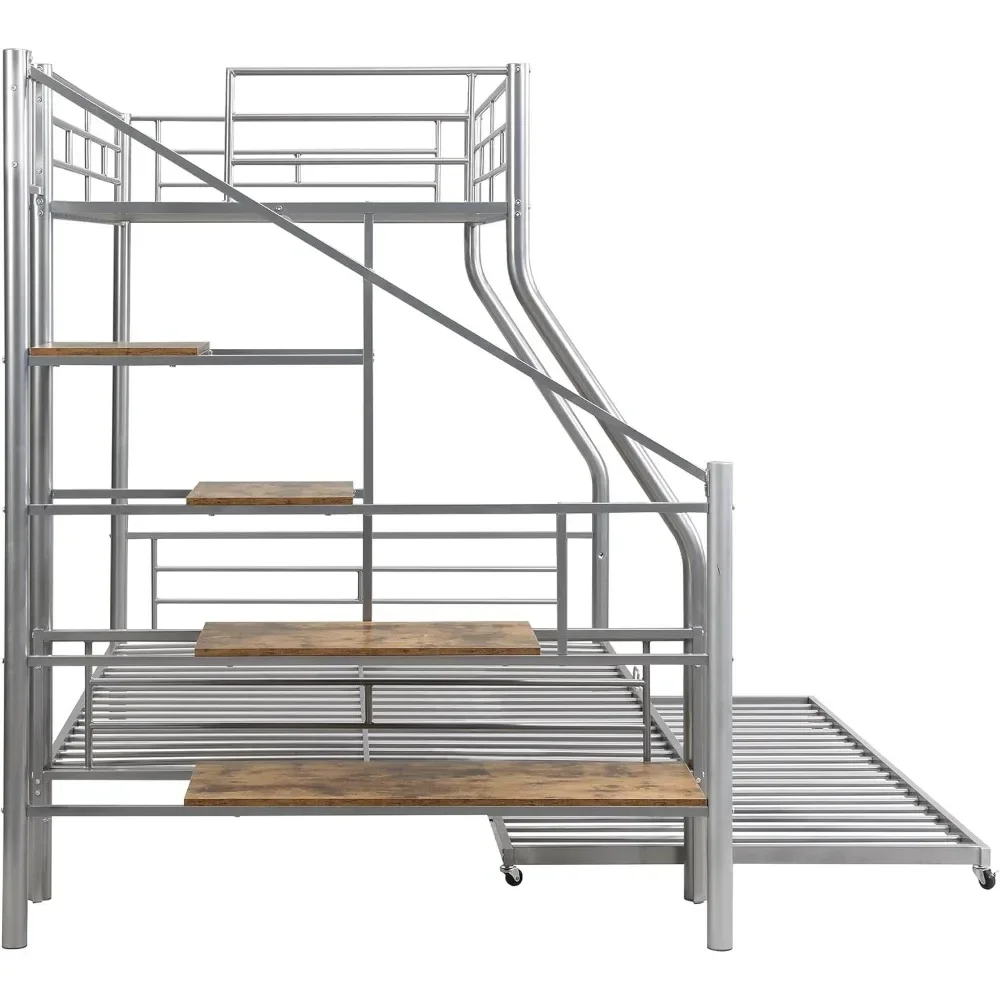 سرير، سرير معدني بطابقين مزدوج الحجم بالكامل مع درج دولاب وتخزين، إطار قوي شديد التحمل للأطفال والشباب،