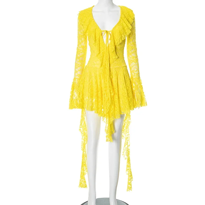Lace Ruffled Streamer Dress For Women Flare Long Sleeve V neck Sexy Mini Dress See Through Fashion Elegant Summer 2025