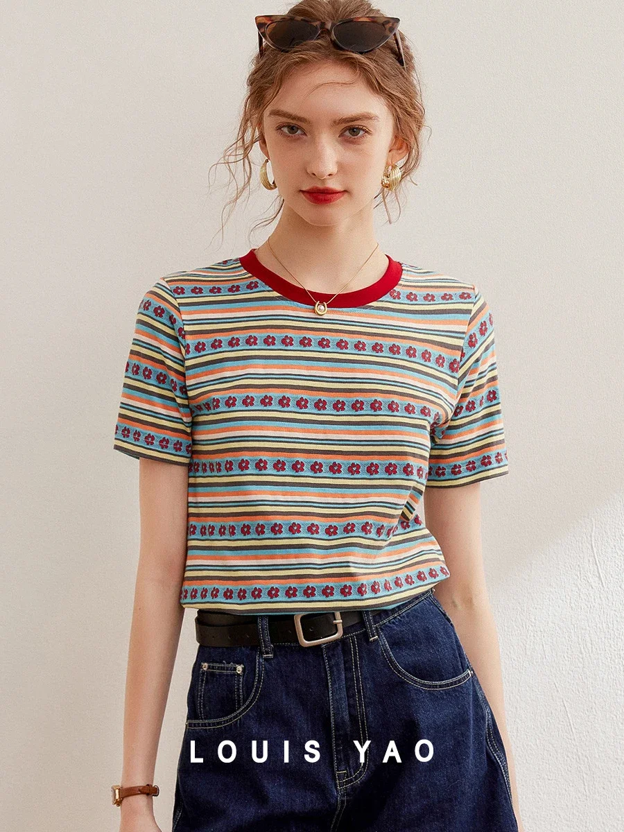 LOUIS YAO T-Shirt damski 2024 Summer Striped Little Flowers Cotton Tee O Neck Short Sleeve Sweet Casual Fashion Pullover Top