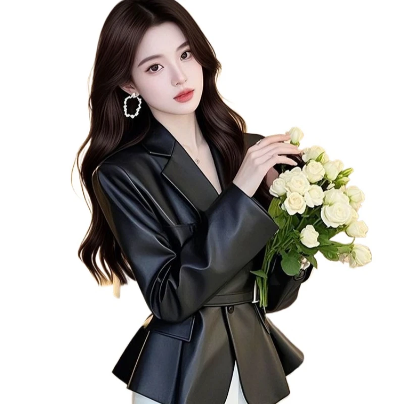 ファッションと美しい海外スタイル、コールドデパート、高級感、ブラックウエストレザージャケット、ショートコート、レディース春新作