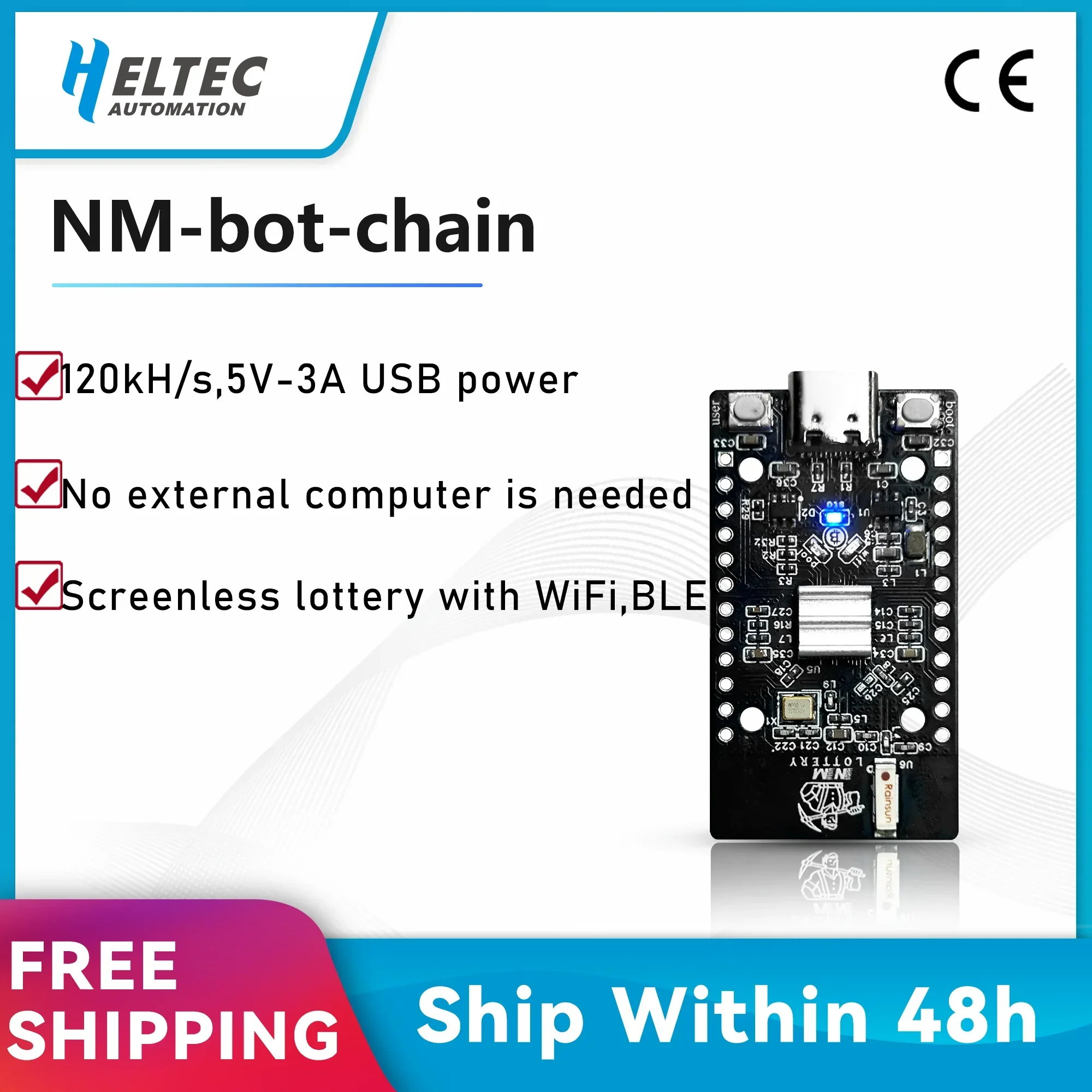 Lucky NerdMiner Bitcons Solo Lottery BTC Board Screenless ESP32 120kH/s 5V-3A USB Chained with the Power Interface One-by-one