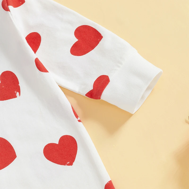 Mono para bebé del Día de San Valentín con estampado de corazón, cuello redondo, manga larga, medio broche, mameluco de otoño