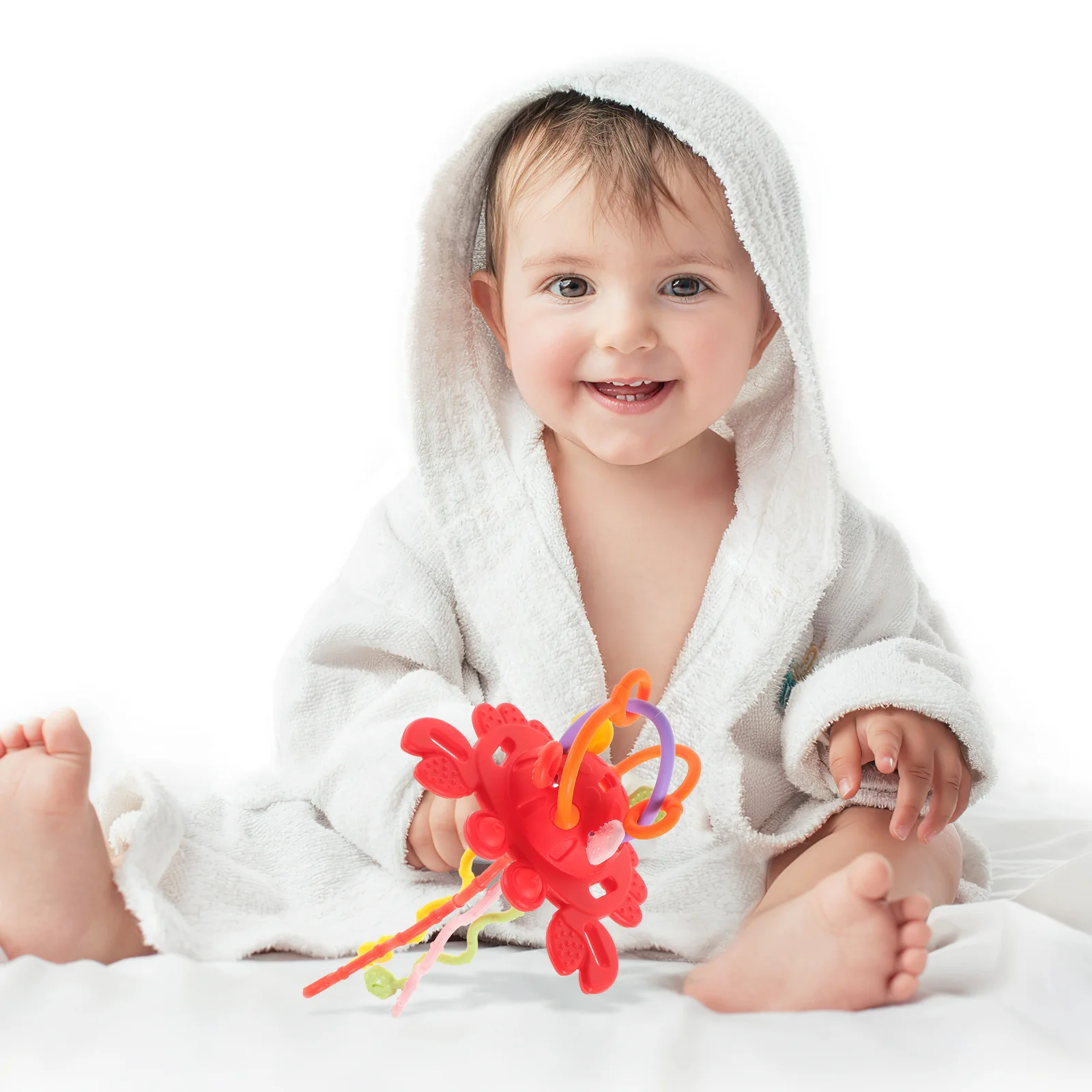 Silikon-Zugschnur-Beißring, flexibel, weiche Kanten, strukturierte Schnüre, leuchtende Farben, tragbar, für Babys, Reisen, pädagogisch, sensorisches Kleinkind