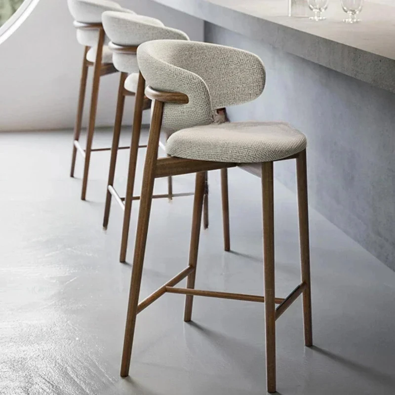 Nordic Light Luxury Solid Wood Bar Chairs Modern Home Kitchen High Bar Stools Designer Fabric Backrest Stools for Bar Furniture