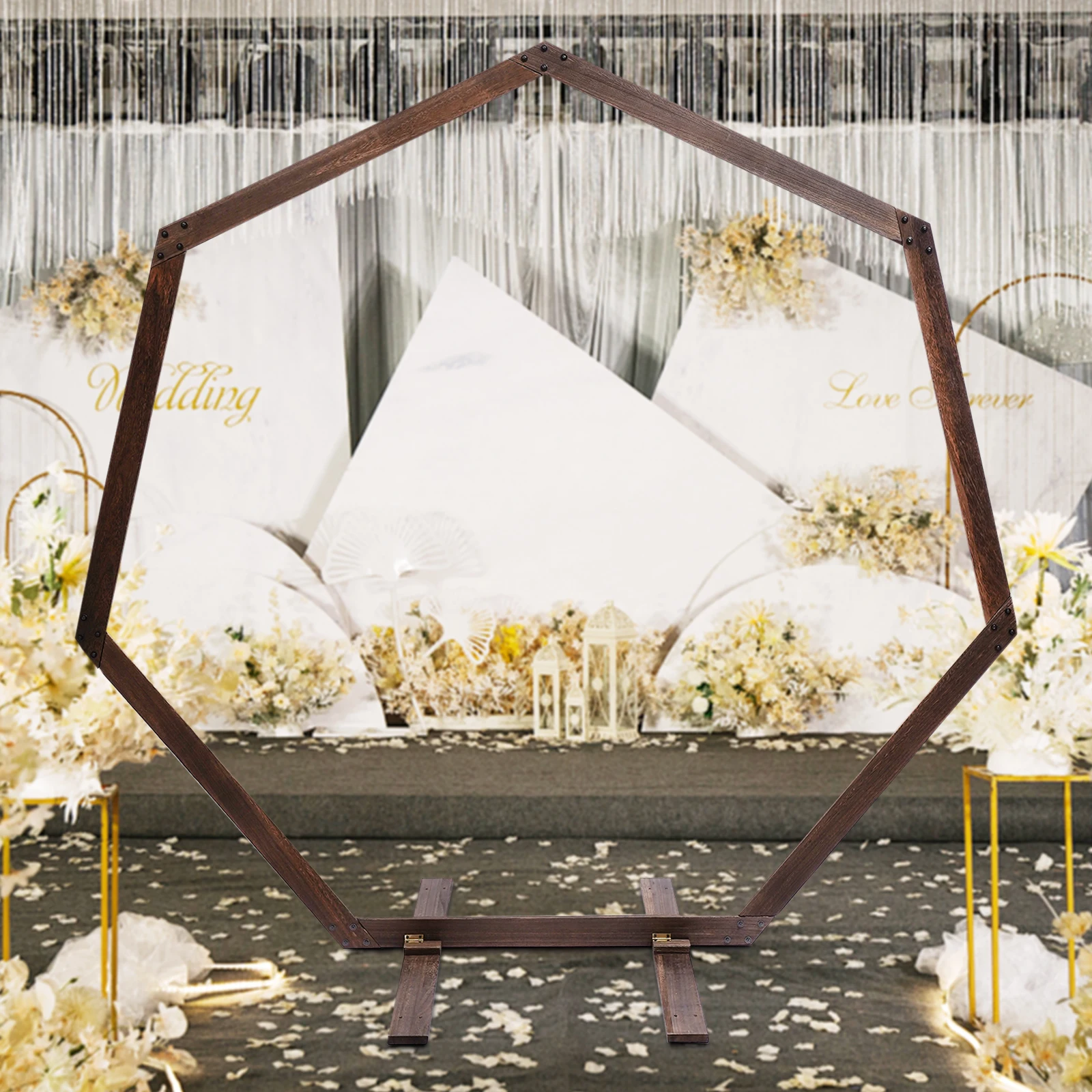 Retro 7.2FT Heptagonal Wood Wedding Arch Polished Backdrop Flower Frame Stand Background Prop For Garden Party Rustic Style