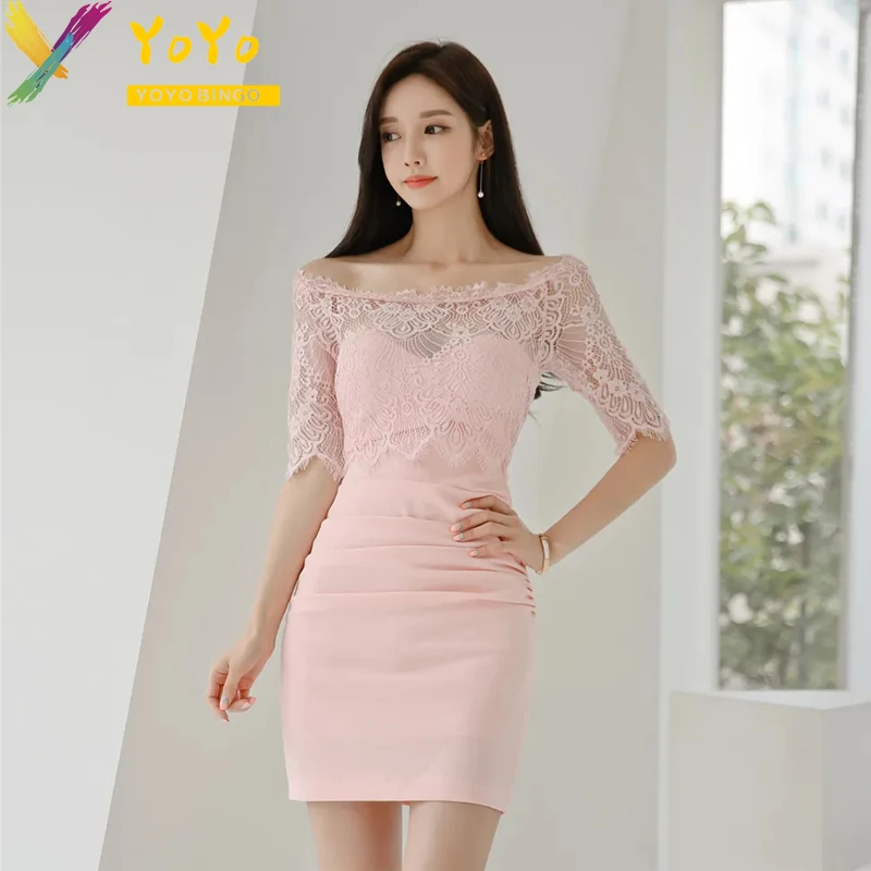 2024 Summer Sexy Pink One Line Neck Lace Panel Dresses Women Fashion Elegant Temperament Slim Bodycon Party Dress