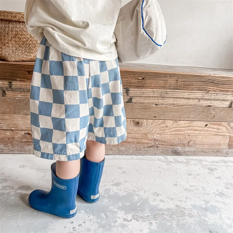 Summer Baby Boys Plaid Shorts Korean Style Knee Length Toddlers Kids Loose Casual Shorts