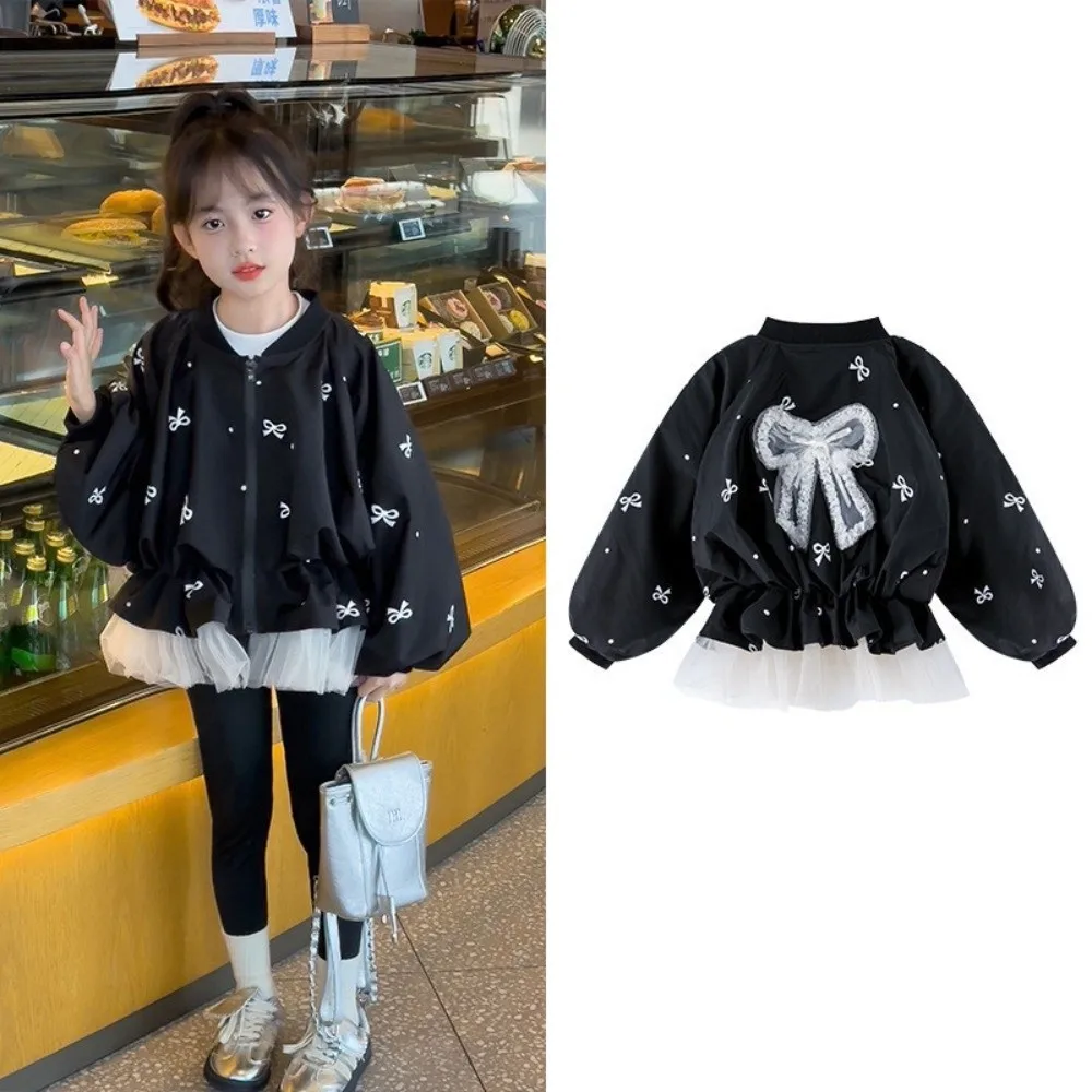 Puff Long Sleeve Children's Bowknot Jacket Lace Bow Black Girls Baseball Jacket Casual Fit Princess Outerwear Fashion Coat