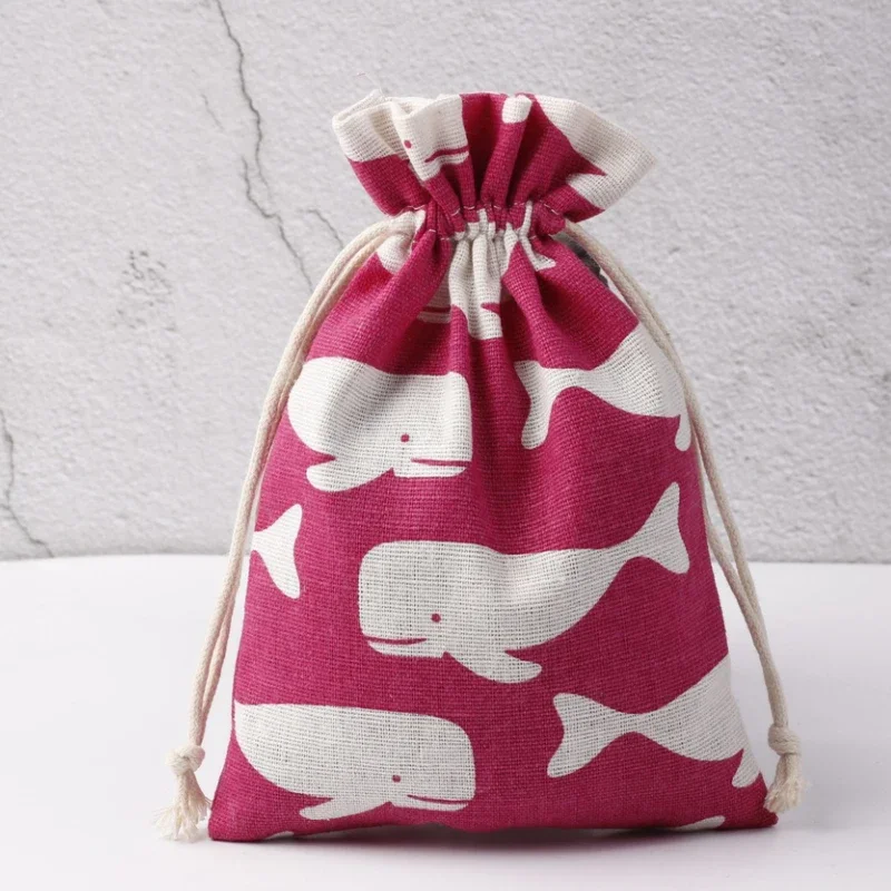 10x14cm 10pcs rose red Whale print Handmade Jute Drawstring Burlap Wedding Party Christmas Gift Jewelry Pouches Packaging Bags