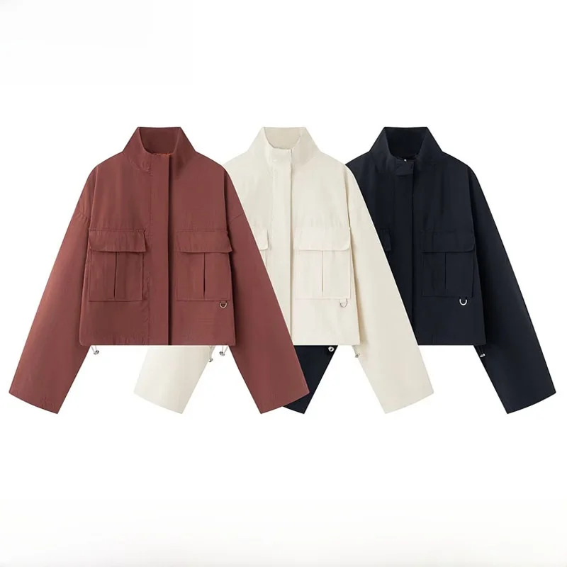 Spring Summer New Arrival Women's Fashionable Versatile Stand Collar Short Jacket with Chest Pocket Flip Cover Polyester Fiber