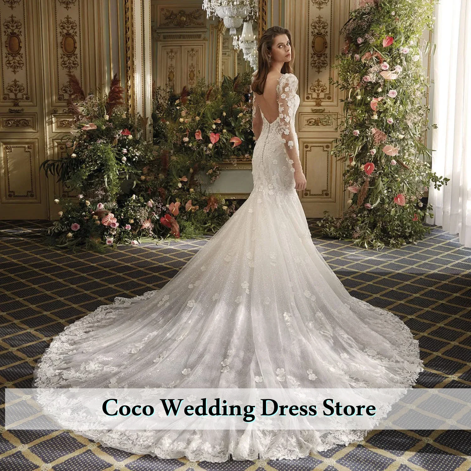 Maßgeschneiderte elegante V-Ausschnitt rückenfrei lange Ärmel Perlen Blumen Pailletten Applikationen Meerjungfrau Hochzeitskleid Vestido De Noiva