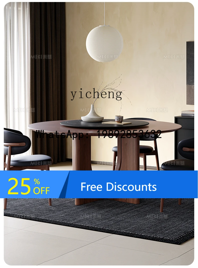 AA  solid wood dining table small apartment household round with turntable medium ancient black walnut dining table