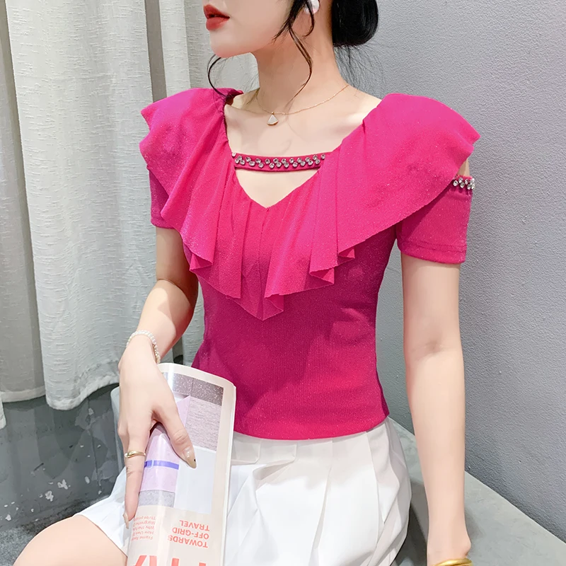 New Summer Short Sleeve V-Neck Women Blouse Fashion Casual Ruffles Blouse Shirt Women Tops Blusas Mujer De Moda 2024 Verano H934