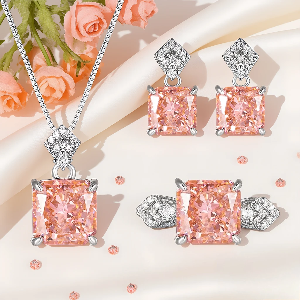 

4pcs Elegant Vintage Jewelry Set for Women Square Pink Gemstone Necklace Shiny Crystal Choker Bridal Wedding Earrings Party