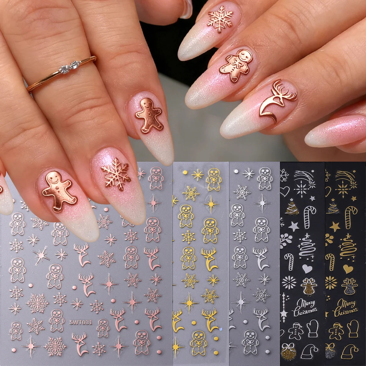 5 Stück Metallic-Weihnachtsserie Nail Art Aufkleber Gold Silber Elch Geweih Schneeflocken Design Sparkle Glitter Weihnachten Maniküre Aufkleber