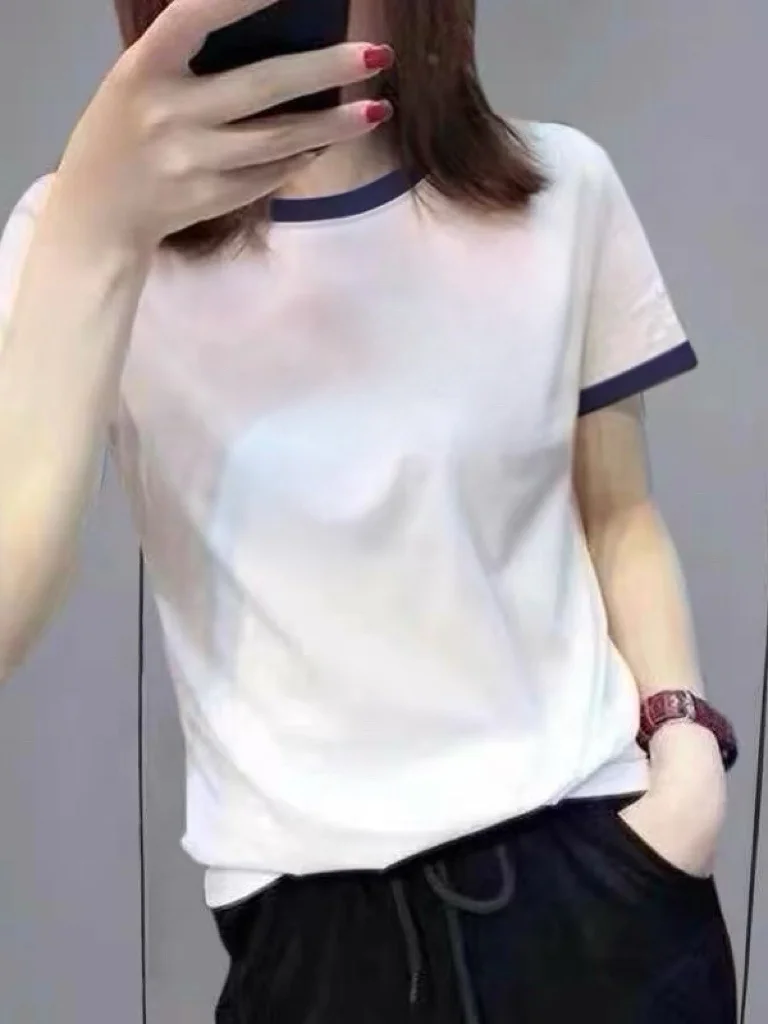 

Женская футболка в стиле кэжуал с коротким рукавом, с буквенным принтом, цветными блоками, воротником, облегающая, с круглым вырезом, универсальный топ для мам среднего возраста