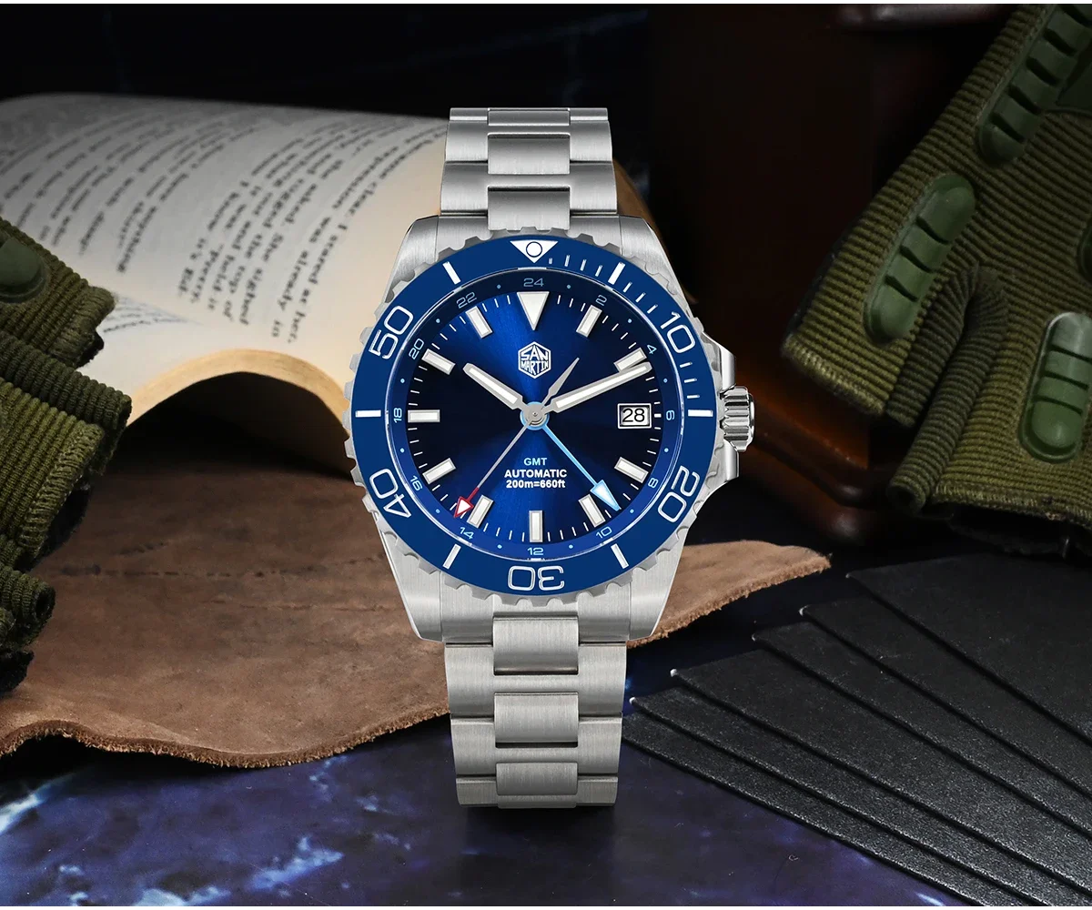 San Martin 39mm Diver GMT Watch Enamel Dial NH34 Stainless Steel Luxury Men Watch Automatic Mechanical Sapphire Luminous SN0136