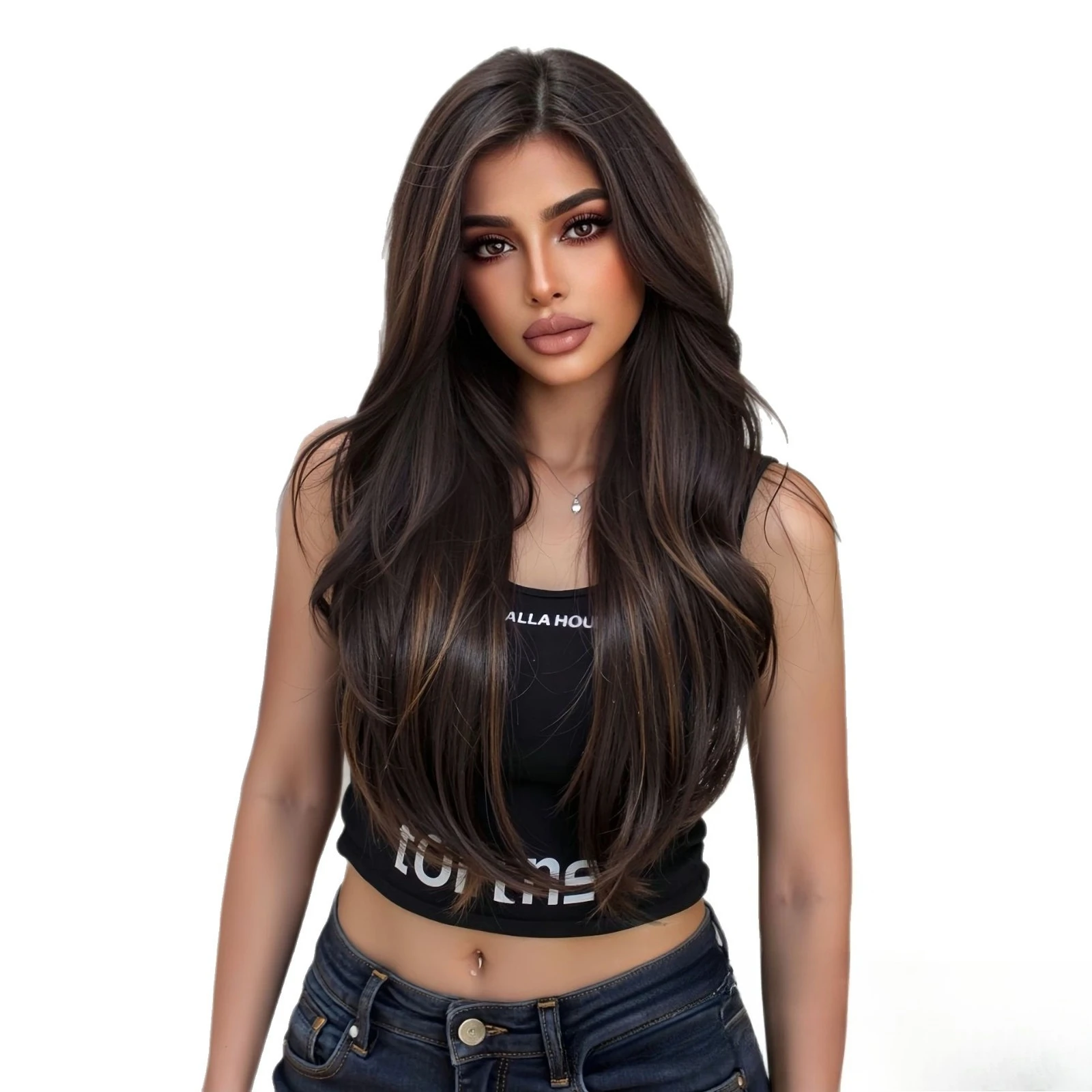 

European and American women's long straight synthetic wig headpiece, realistic black-brown mature style gradient long hair