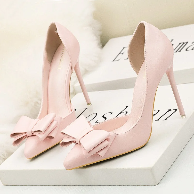 Sweet Bow High Heels Stiletto High Heels Shallow Mouth Pointed Side Hollow Luxury Designer Heels Party Shoes Woman 2023