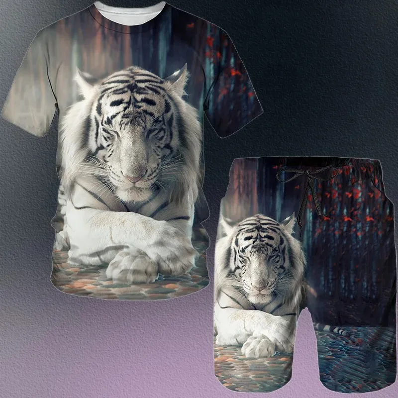 2025 Hot Selling Summer Men's 3D Tiger Pattern Round Neck T-shirt Shorts Set Fashionable Casual Wear, Street Wear Sportswear Set