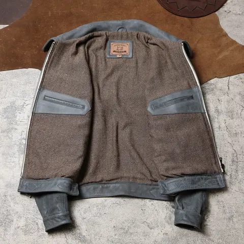 Cyangrå vinterläderjacka herr Retro Vintage-stil Plusstorlek 5XL Äkta naturlig kohud Tyskland Hartman BF-109 flygjacka 8 best sales Tyska rockar - №2