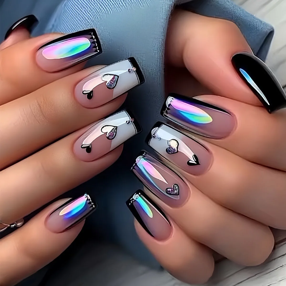 24Pcs Medium Square Press on Nails Glossy Gradient Design Fake Nails Gold Lines Stripe False Nails Sweet Cool Acrylic Nail Tips