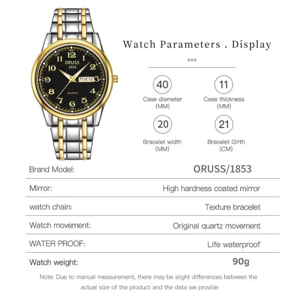 ORUSS Orologio da uomo classico al quarzo da uomo Quadrante digitale Data Settimana Orologio da polso luminoso impermeabile da uomo in oro