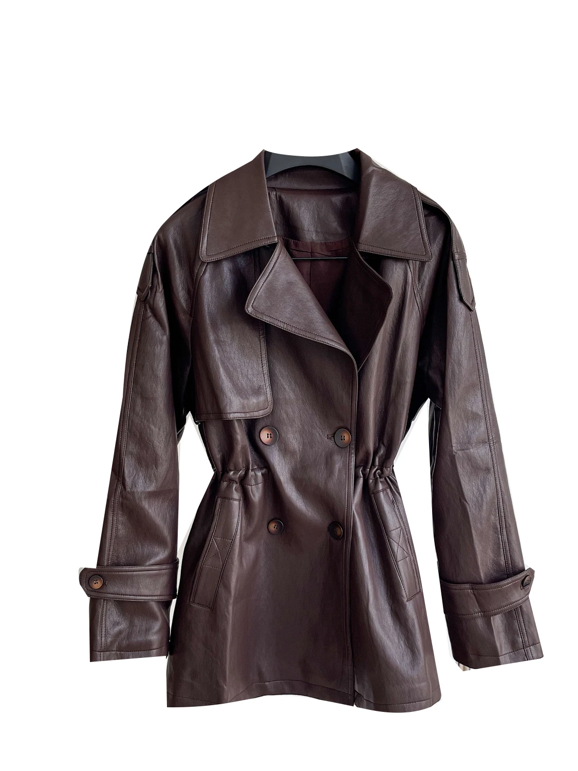 

Ele Ретро Briti Sle Long Sve двубортное кожаное джато с лацканами женское осенне-зимнее повседневное пальто с завязкой на талии