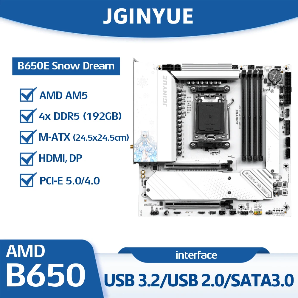 Jginyue B650E Snow Dream Motherboard Socket Am5 |   Supports Ddr5 4800-7000+(Oc) Mt/S |   3Xm. 2 Slots |   Type-E Slot
