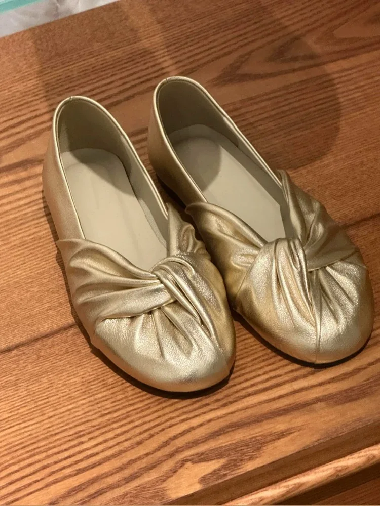 

Gold Round Toe Knotted Shallow Flats French Style Soft Leather Loafers Pleated Slip-On Mary Jane Women's Shoes Chaussure Femme