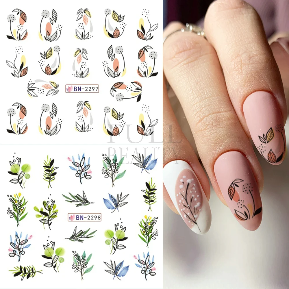 Zomer Neon Black Leaf Nail Stickers Aquarel Bloemen Nail Water Decals Set Sliders Manicure Tattoos GLBN2293-2304