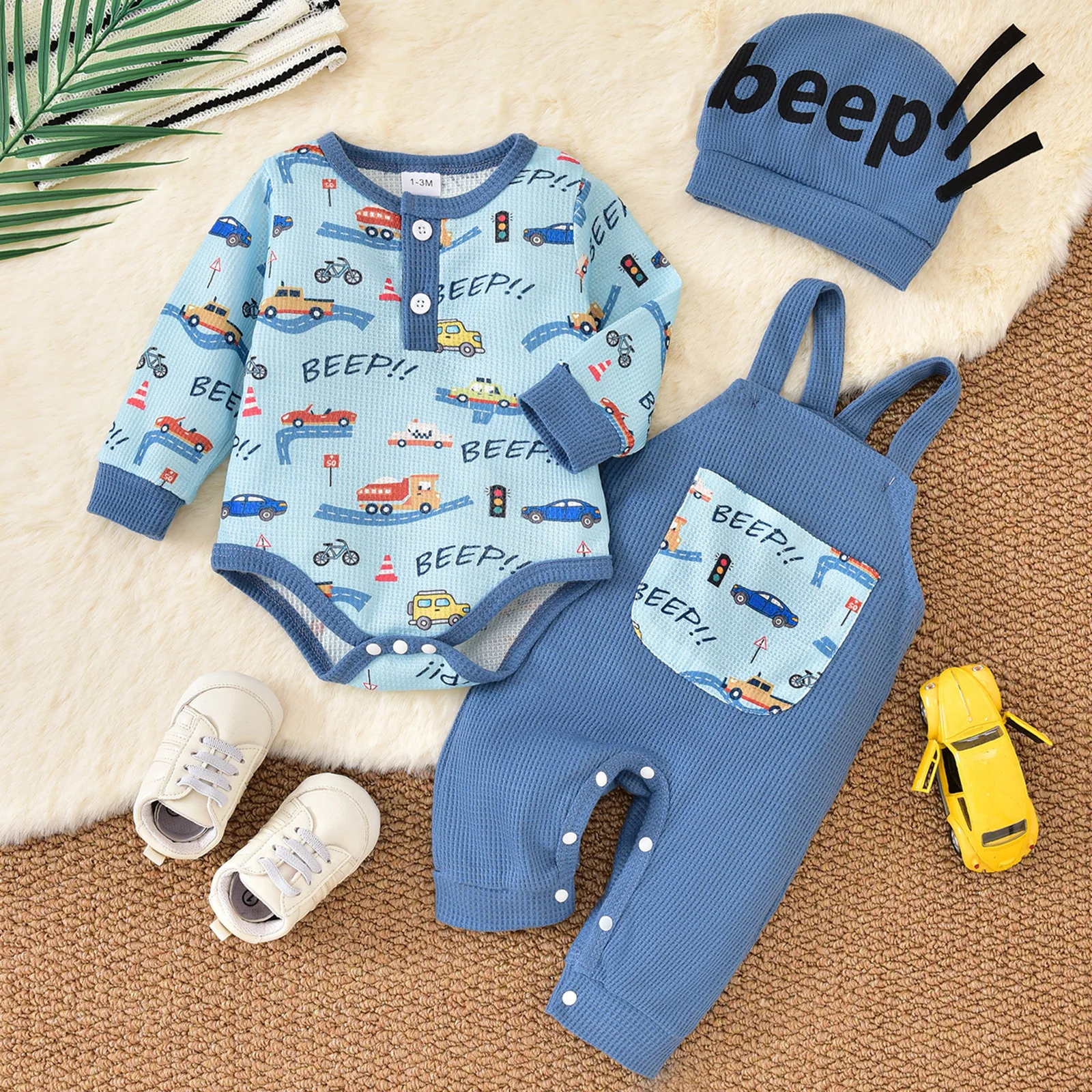 

Suefunskry комплекты одежды для младенцев, модный комбинезон с длинными рукавами и принтом автомобиля/короны, комбинезон и шапка, осенняя одежда из 3 предметов