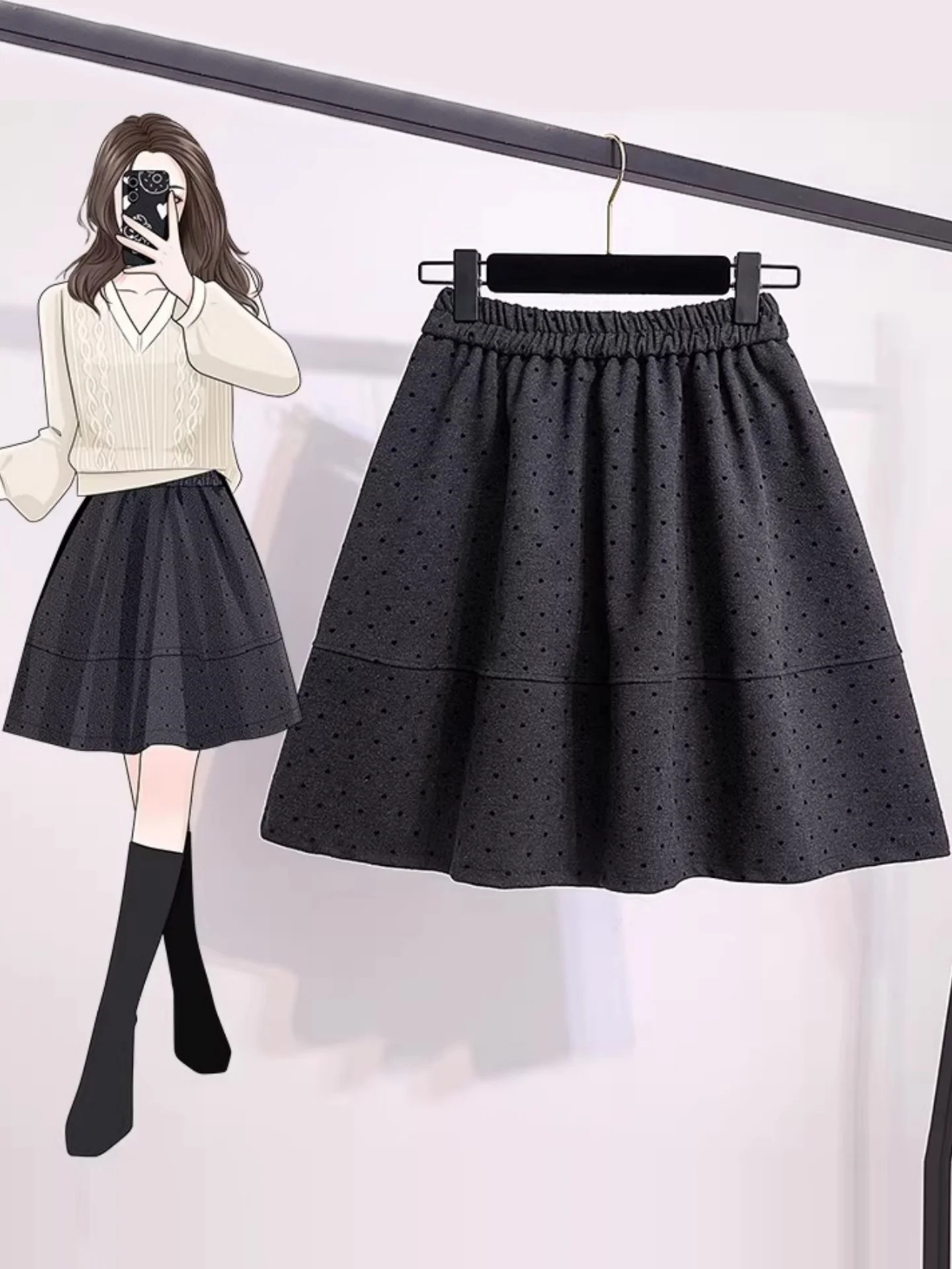 

Korean Sle Lazy ey Polka Dot Woolen Skirt Women's plus Size Winter High Waist A-Line f Body ort Skirt
