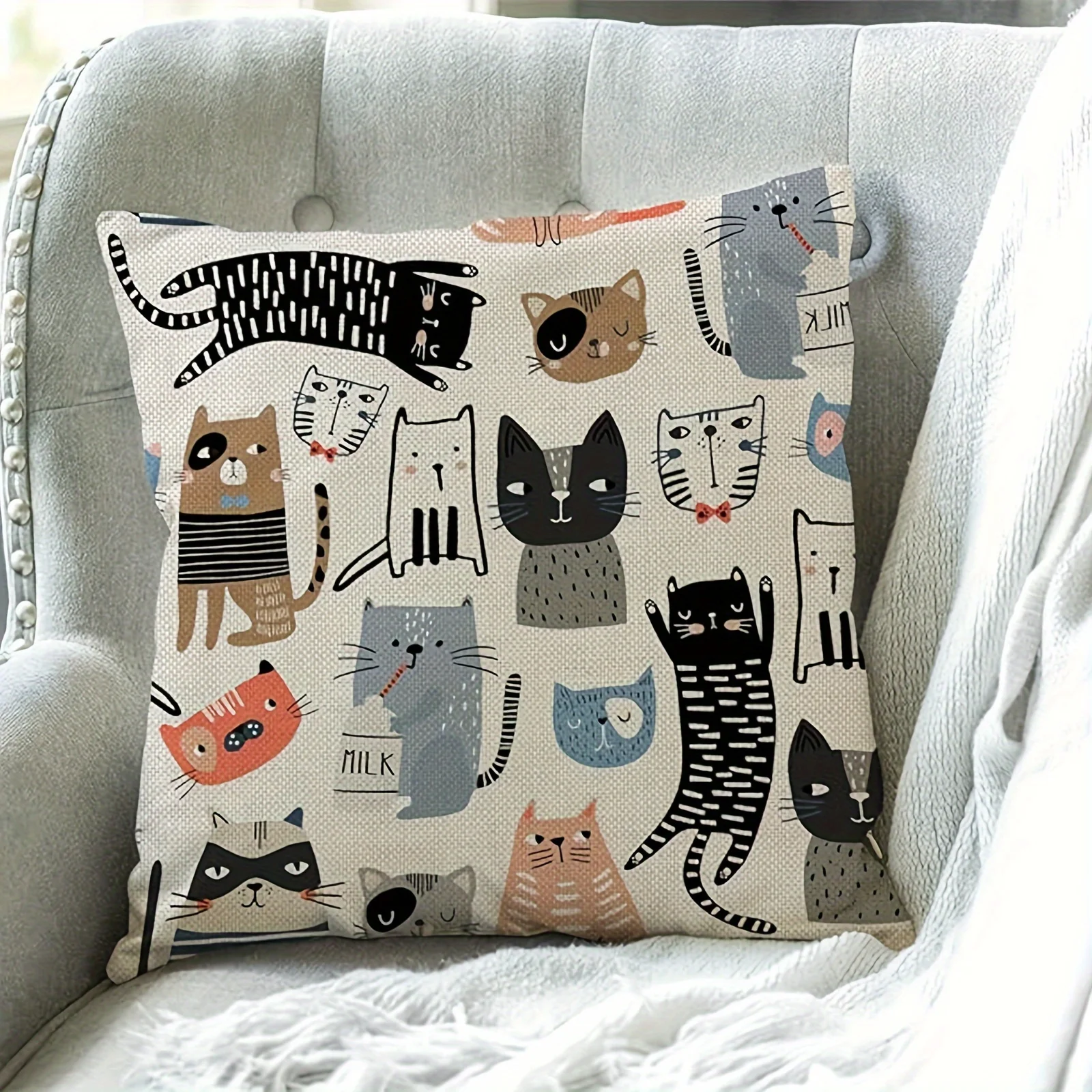 1pc Throw Pillow Cover Funny Cats And Milk Bottle Decorative Pillow Cases Home Decor Square Pillowcases