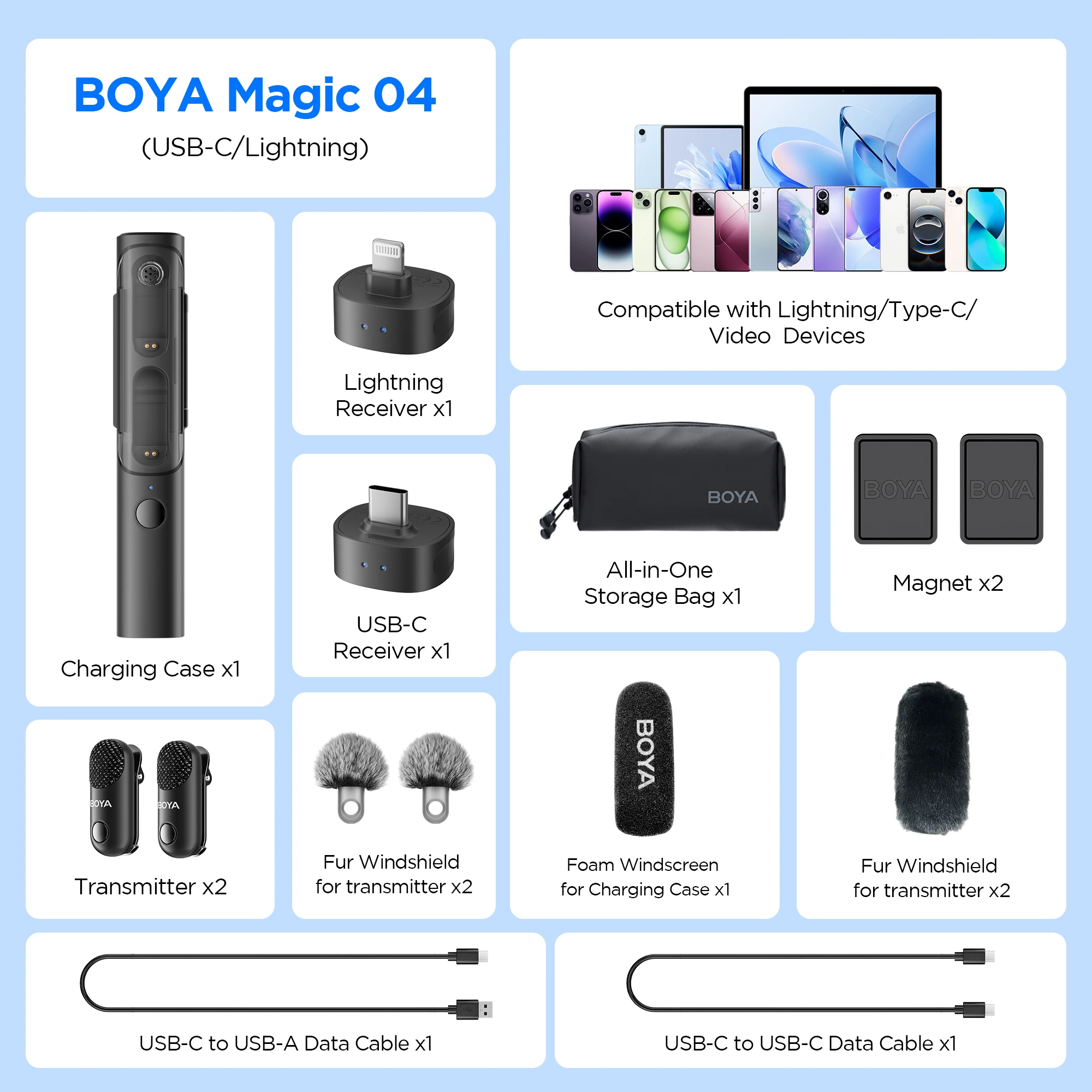 BOYA Magic Wireless Lavalier Microphone 4 Forms in 1 Mic for iPhone Android USB-C Phone Camera for Interview Live Streaming