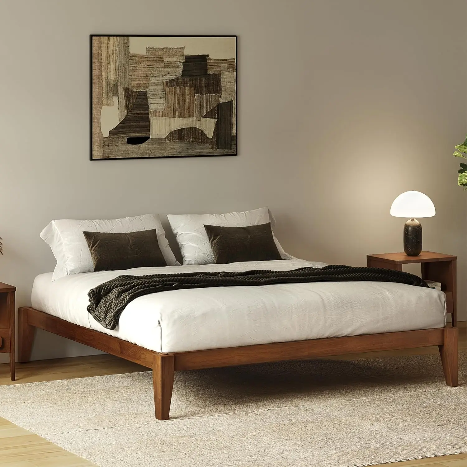 Solid Wood Queen Platform Bed Japanese Joinery Slat Support No Box Spring Easy Assembly Minimalist Style, Customized