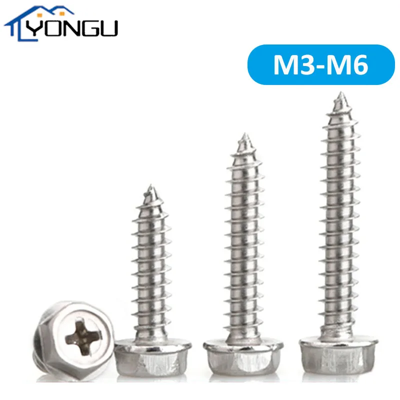 M3-M6 Phillips Flange Hex Head Self-Tapping Screws 304 Stainless Steel Hexagonal Flange Cross Head Tapping Screws