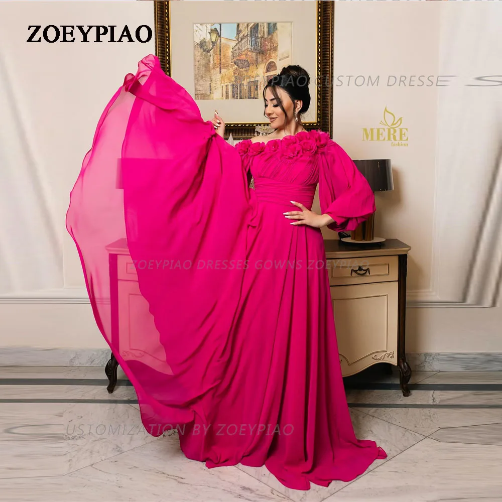 

Fuschia 3D Flowers Evening Dresses Gowns Long Sleeves Chiffon Prom Dress Simple A Line Women Formal Party Birthday Gown