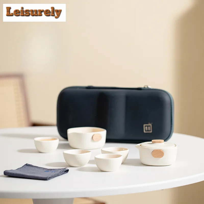 

Portable Travel Ark Boat Ceramic Tea Set Kit Zen Set of Cups 1 Pot 3 Cups Tea Maker Designer Camping Leather Handbag Accessories