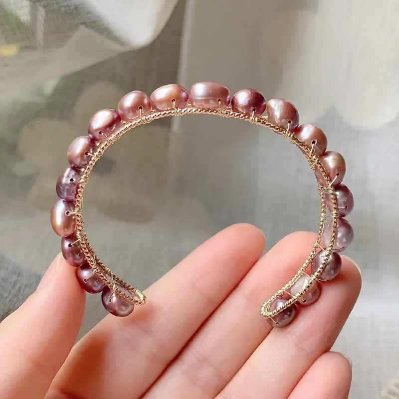 8-9mm Irregular Nuggets Shiny Purple Baroque Pearl Bracelet for Women Open Cuff Bangle Elegant Natural Freshwater Pearl Bracelet