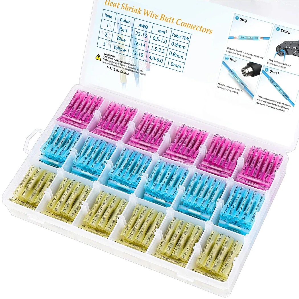 50PCS Heat Shrink Butt Wire Terminal Kit Waterproof Shrinkable Solder Crimp Splice Electrical Cable Joint Tube Connector
