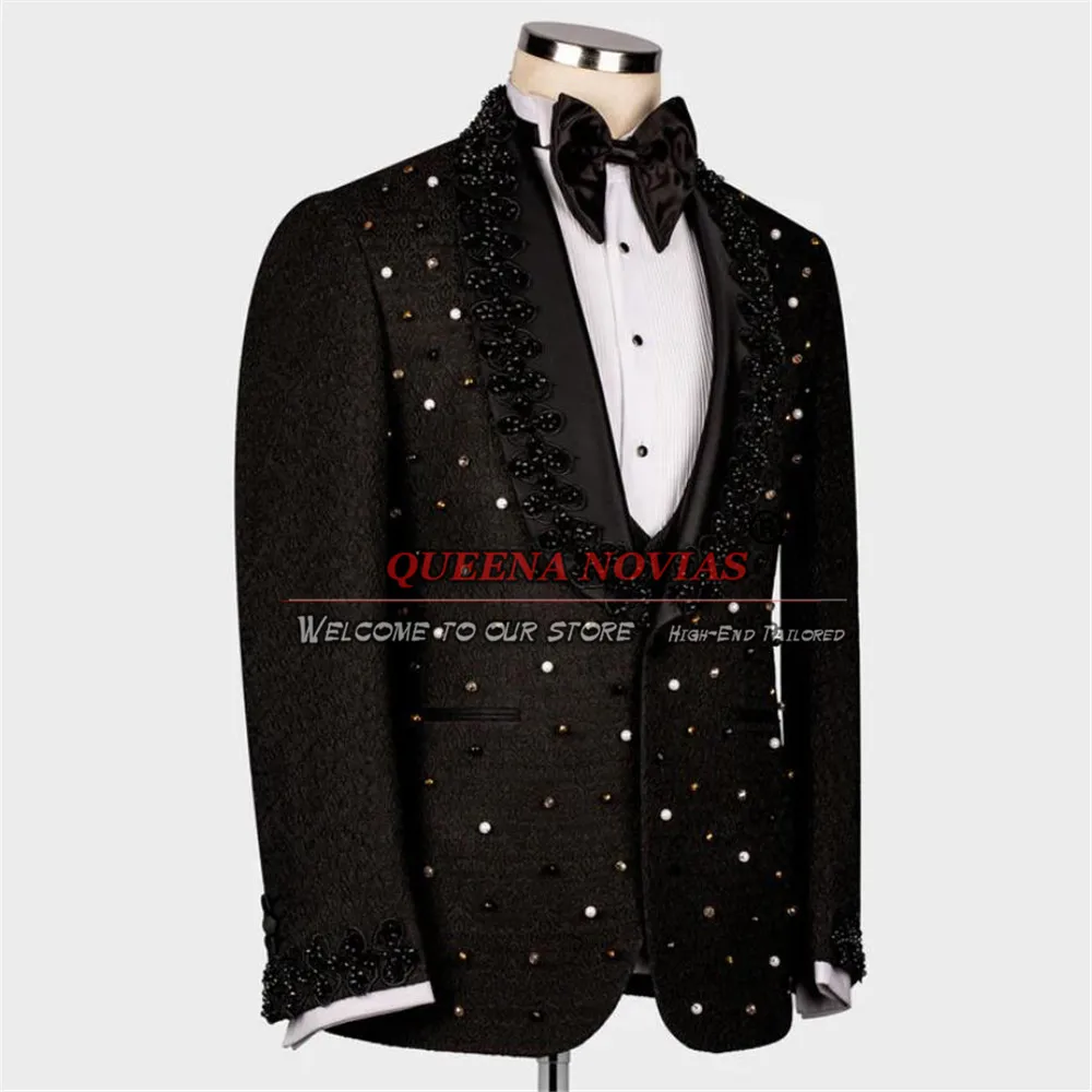 Groom Tuxedo Formal Wedding Suits Luxury Crystals Jewelried Jacquard Jacket Vest Pants 3 Pieces Formal Prom Beading Blazer Set