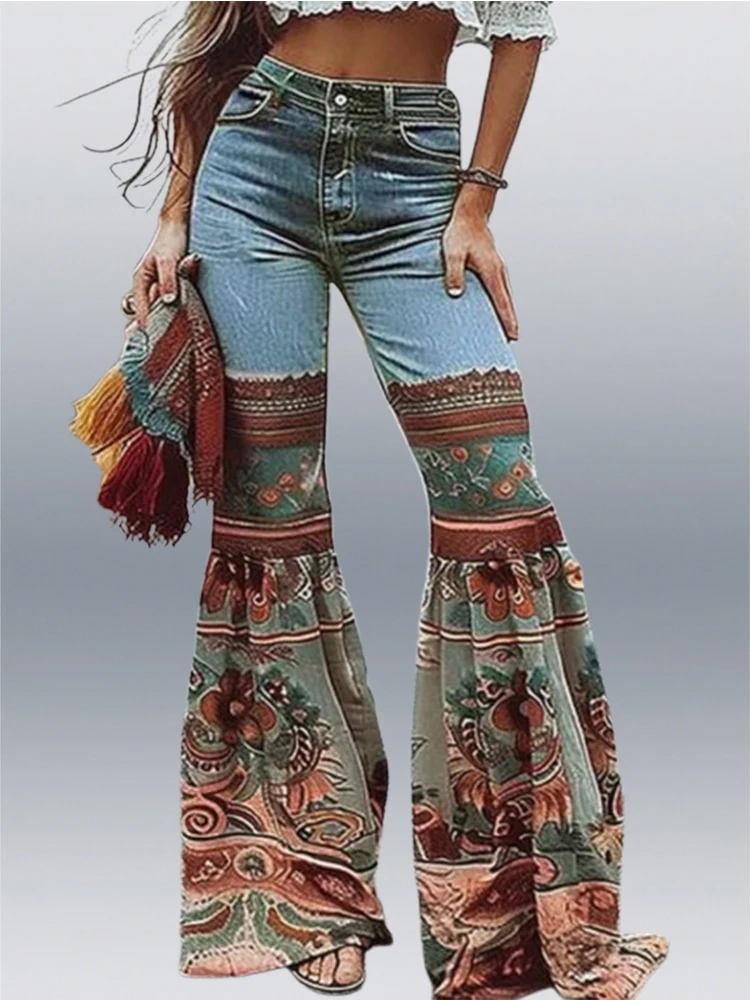 

New Autumn Womens High Waist Jeans Slim Fit Flared 2025 New Floral Printed Patchwork Female Vintage y2k Pants Trousers