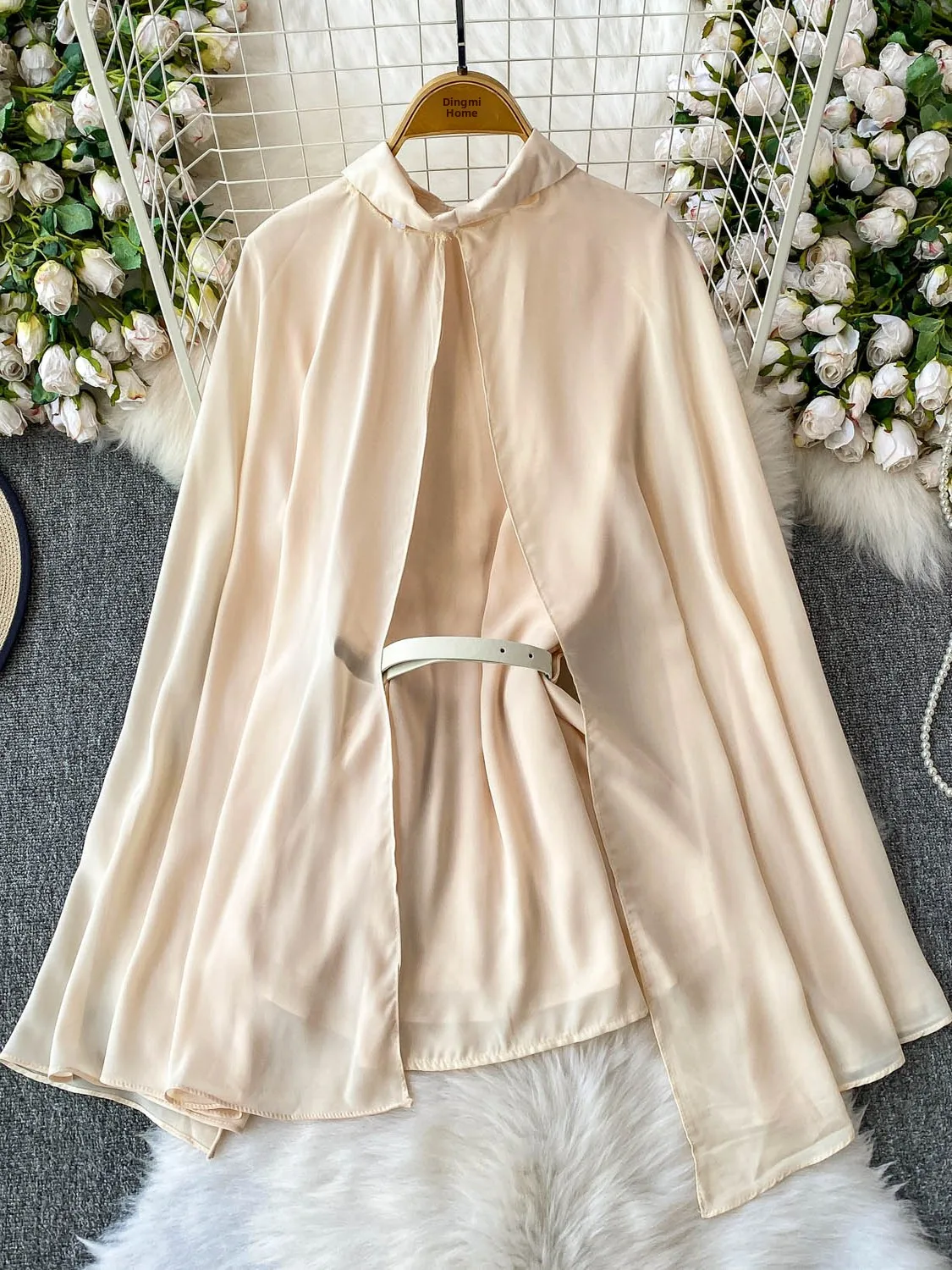 

Ele Summer Long Sve awl Collar Women's irt Anti-Uv Chiffon Pleated Top Belted Waist Cinching Ball Resistant